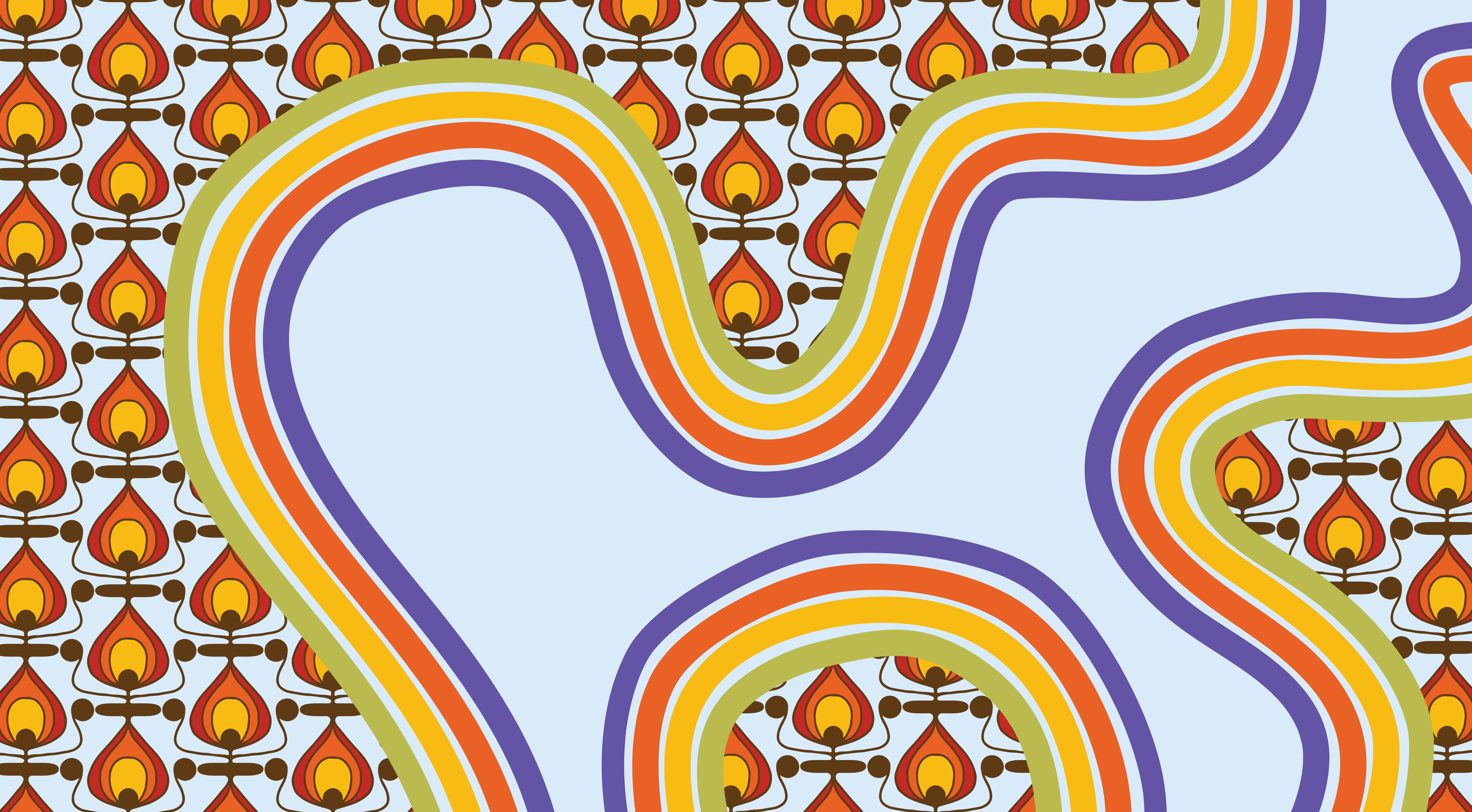 Branding Pattern: Repeated feathers in warm colors with a rainbow of soothing colors dripping over the top. Pattern ends at the rainbow and doesn't continue under the drippy arches.