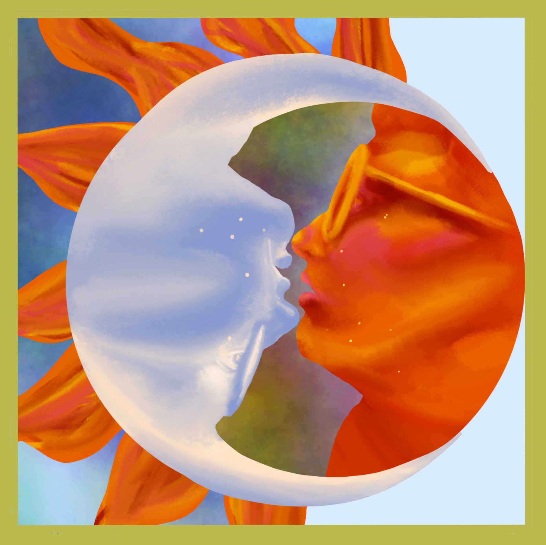 circular shape filled with half mood and half sun, both shaped like a face profile. The moon is upside down and faces the sun that is right side up. The run rays spray past the mood from behind.