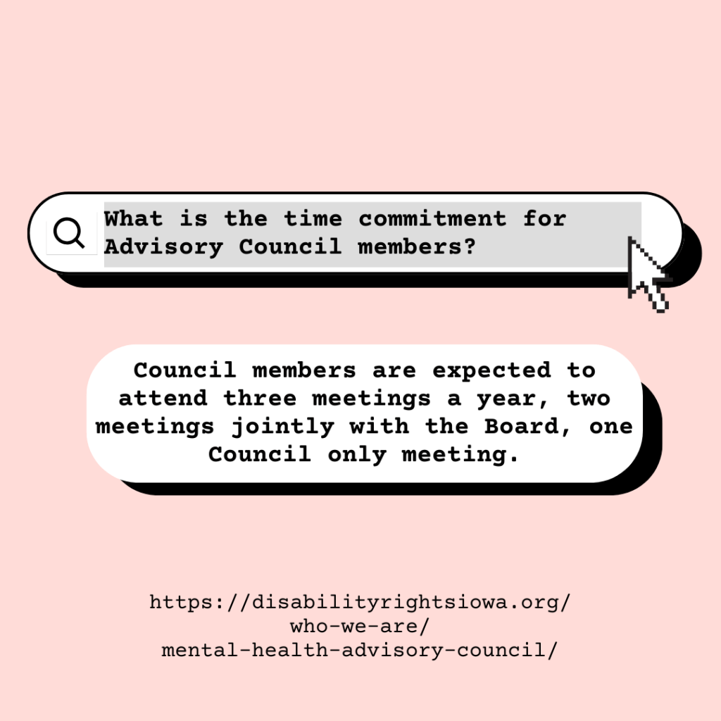 : Internet search bar that reads “What is the time commitment for Advisory Council members? Council members are expected to attend three meetings a year, two meetings jointly with the board, one council only meeting.”