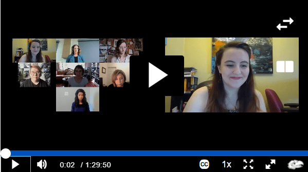 zoom screen tiles fill the screen. There are eight tiles, filling the tiles are seven women ranging in age from early 20s to 50s and one non-binary individual in their late 20s. 