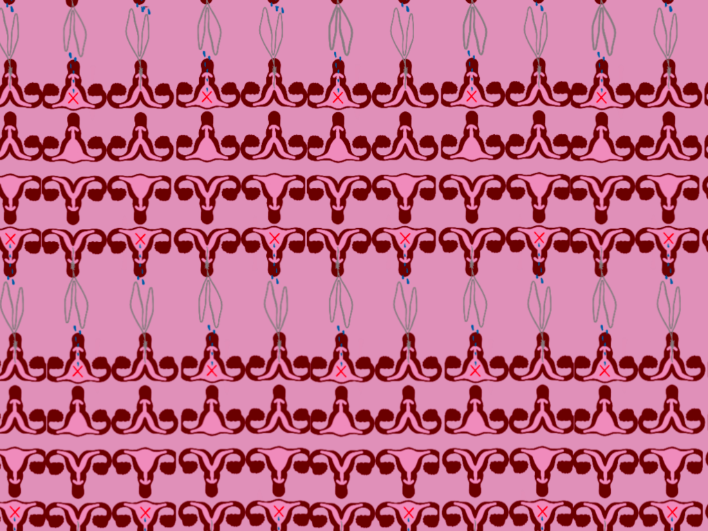 pattern repeated small uteruses second row is a pattern of repeated small uteruses with a hanger inserted, an x inside the well of the uterus and blue tears dropping out of the canal. The rows repeat between healthy and harmed for the full graphic